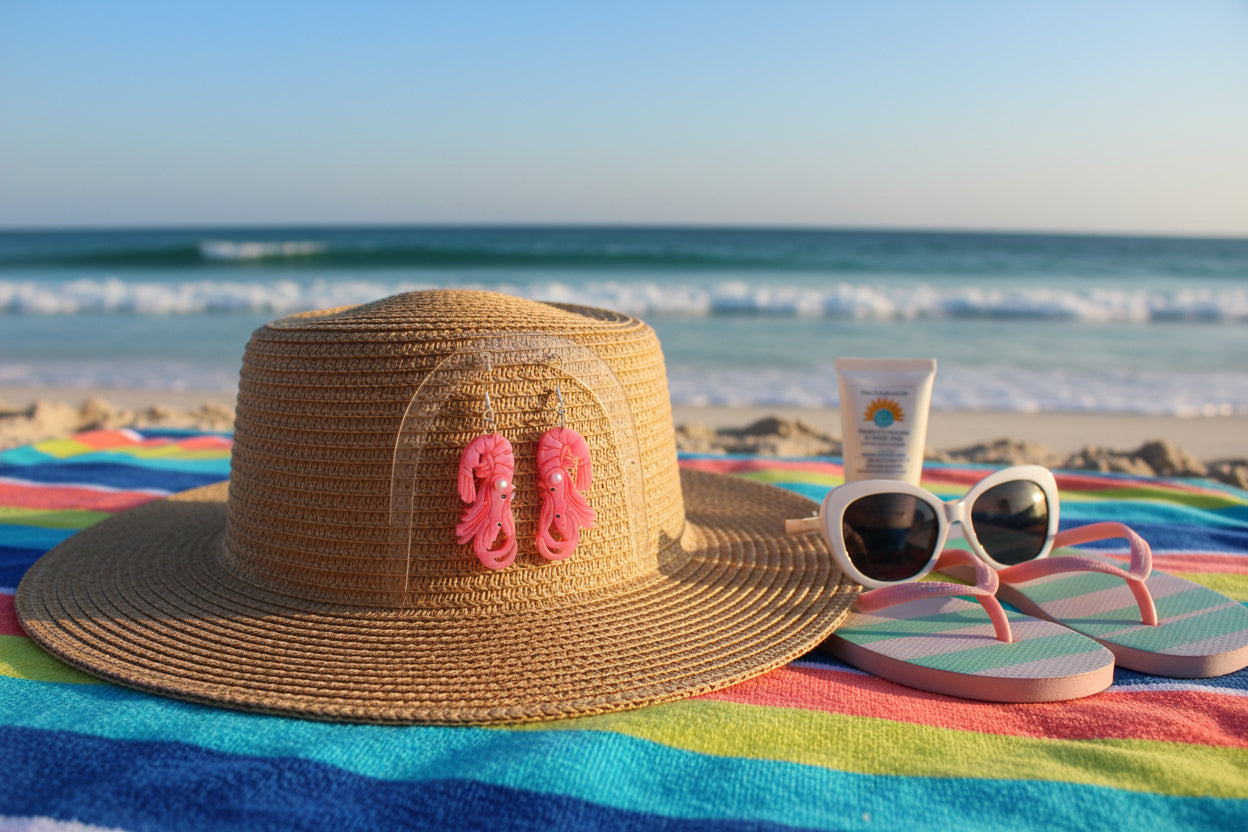 A straw sun hat with pink flip-flop charms sits on a colorful striped beach towel at the beach, alongside sunglasses, flip-flops, and a tube of sunscreen.