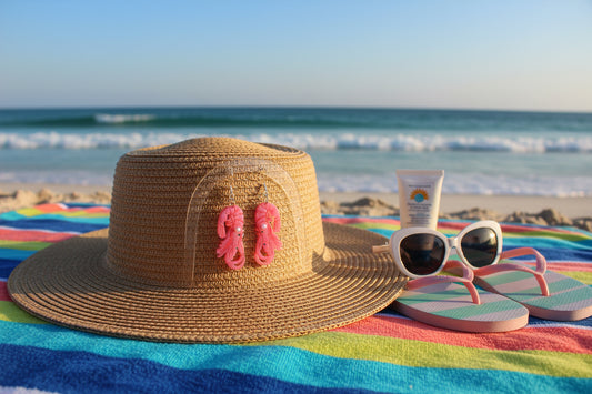 A straw sun hat with pink flip-flop charms sits on a colorful striped beach towel at the beach, alongside sunglasses, flip-flops, and a tube of sunscreen.