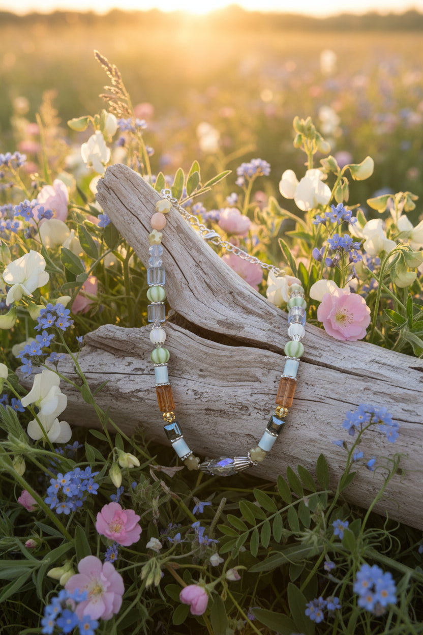 A beaded necklace displayed on a black jewelry bust. The necklace features a mix of pastel-colored beads including light blue, pale green, cream, and brown, with a faceted iridescent bead at the center and silver-tone clasp hardware.