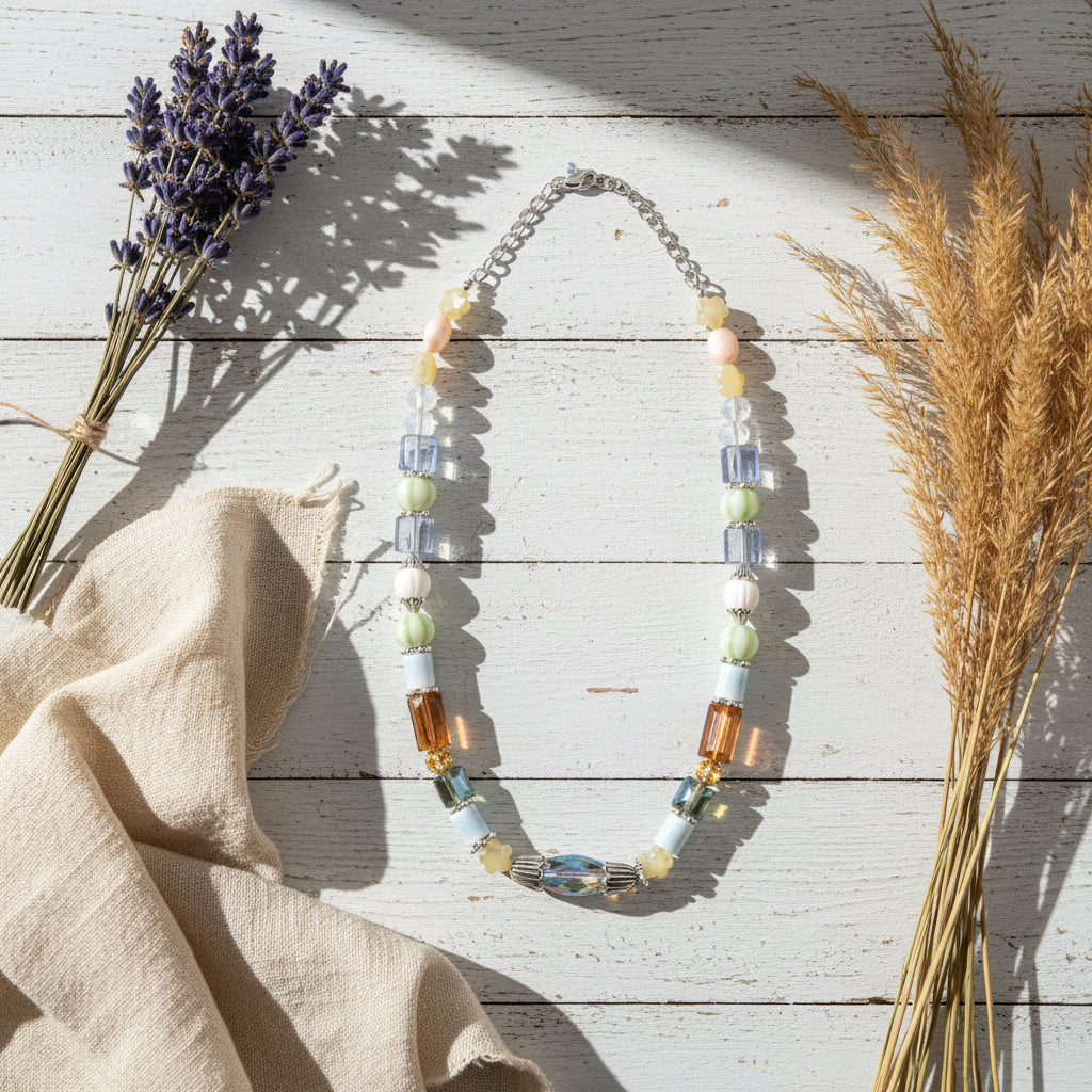 A beaded necklace displayed on a black mannequin bust, featuring a mix of light blue, pale green, cream, and metallic rose-gold beads with a central iridescent oval bead.