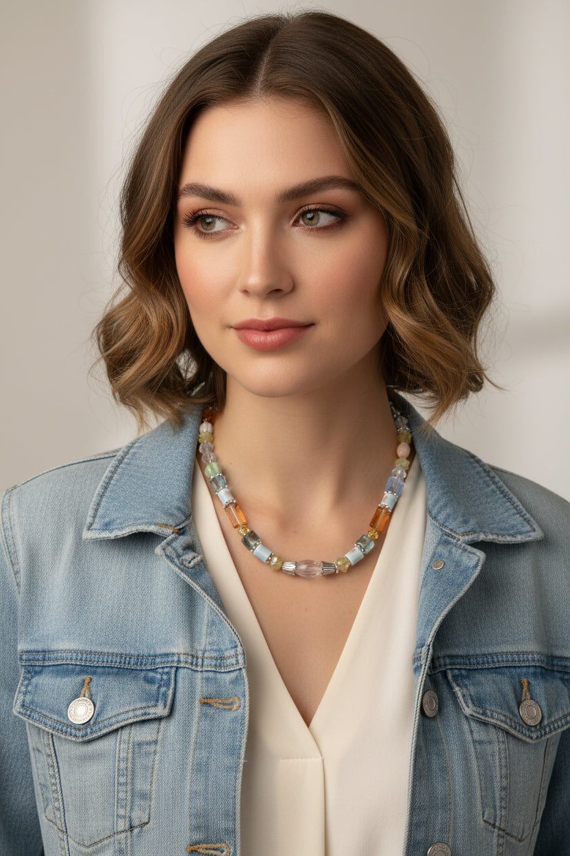 A delicate beaded necklace with a silver-tone chain, featuring a mix of translucent and opaque beads in pastel blue, green, peach, and amber, displayed on a white jewelry bust.