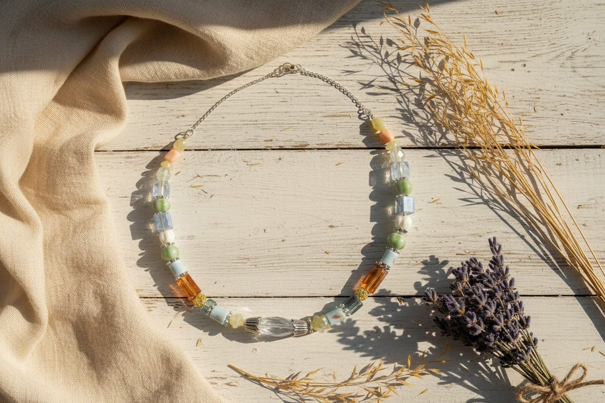 A beaded necklace featuring a mix of colorful glass beads in blue, green, orange, yellow, and white, accented by silver-toned metal spacers and a large clear faceted bead at the center, displayed on a neutral light gray background.