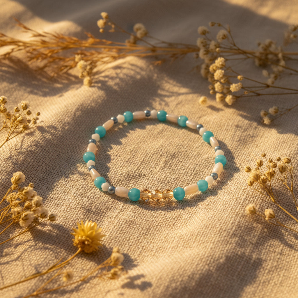 A beaded stretch bracelet featuring turquoise blue beads, white cylindrical beads, small metallic silver beads, and a central gold-tone floral charm, displayed on a neutral light gray background.