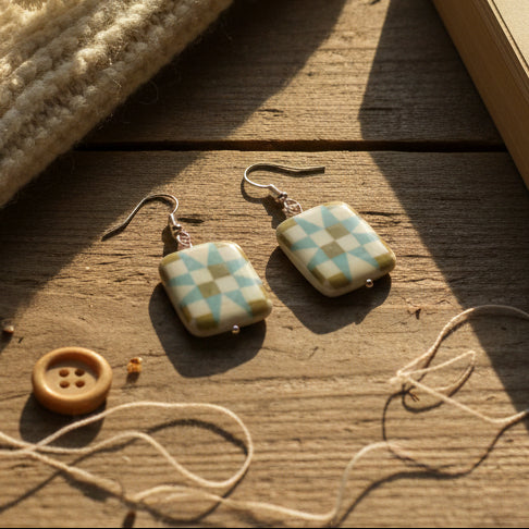 A pair of rectangular drop earrings with a geometric starburst pattern in sage green, light blue, and white, suspended from silver fishhook wires against a neutral gray background.