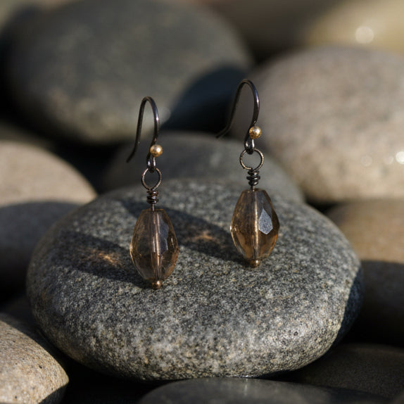Pair of earrings with brown stones on a gray background
