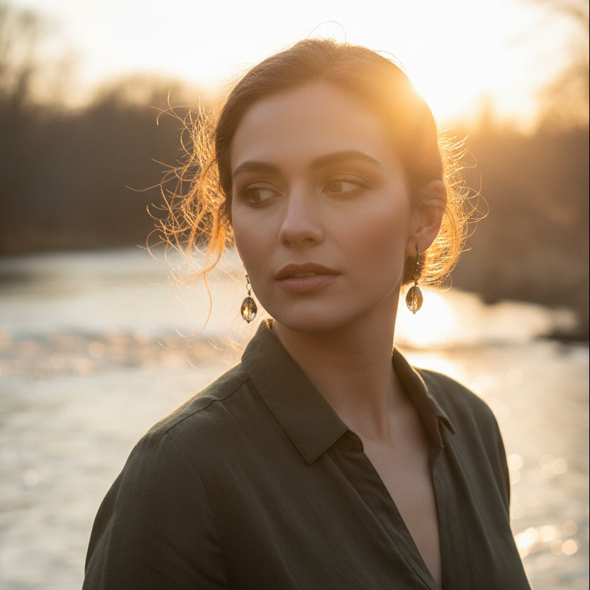 Pair of earrings with brown stones on a white background