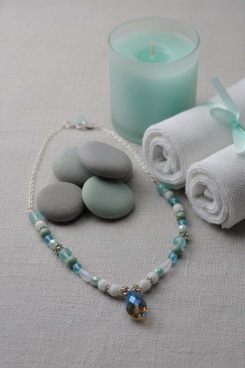 Beaded necklace with a teardrop-shaped pendant on a light gray background
