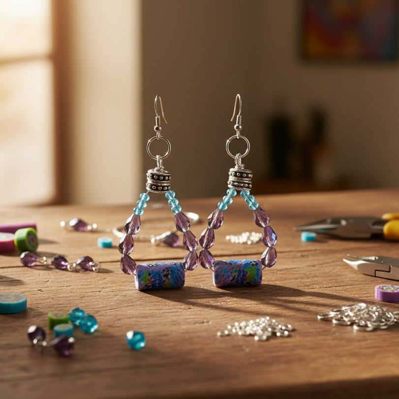 Pair of beaded earrings with purple and blue beads on a gray background