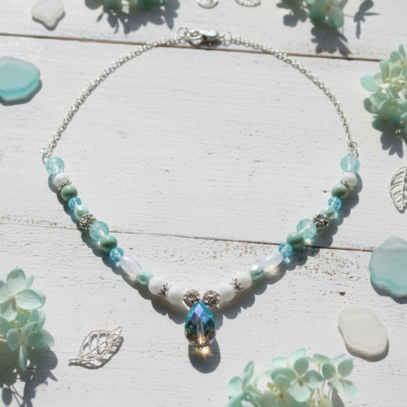 Necklace with beads on a white background
