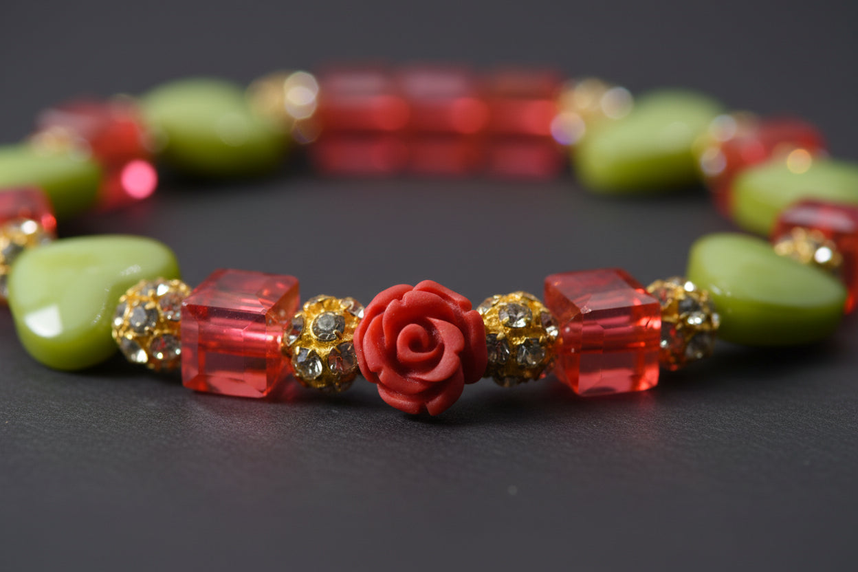 A beaded stretch bracelet featuring lime green heart-shaped beads, translucent orange-red square beads, a red rose-shaped bead, and small gold rhinestone accents, displayed on a neutral light gray background.