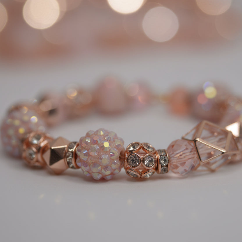 Necklace with pink and clear beads on a gray background