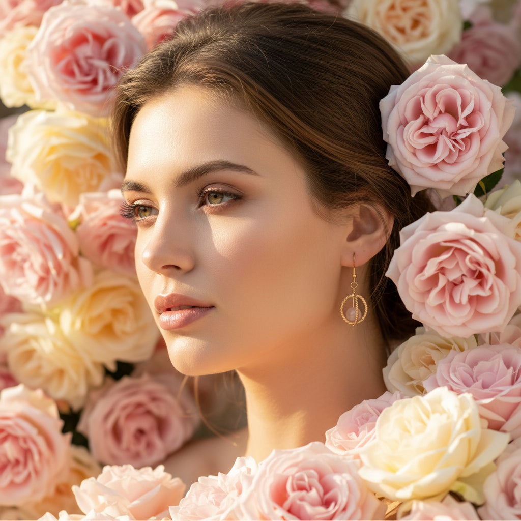 Pair of gold earrings on a clear stand against a gray background