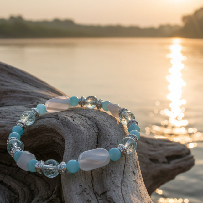 Beaded bracelet with blue and clear beads on a gray background