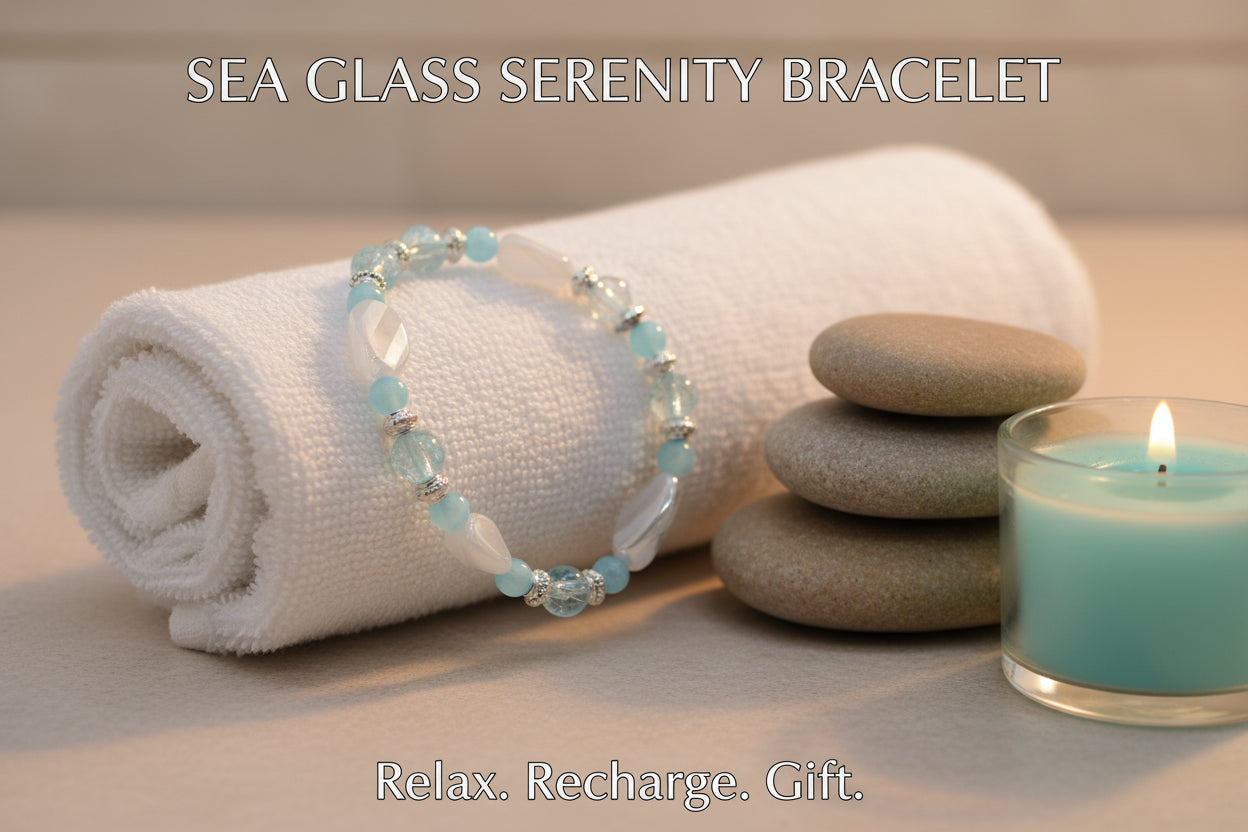 Beaded bracelet with blue and clear beads on a white background