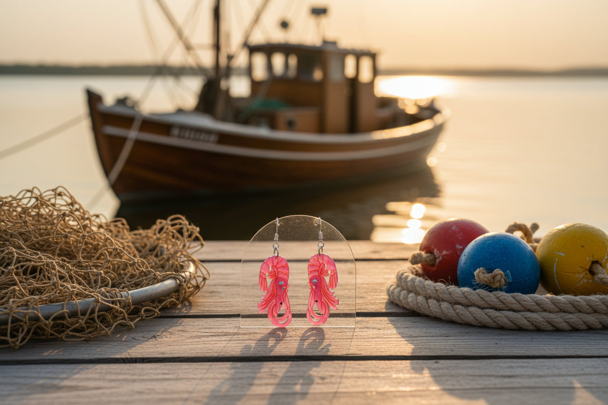 A pair of dangling earrings with bright pink seahorse-shaped charms and small pearl-like accents, displayed on a clear stand against a plain light gray background.