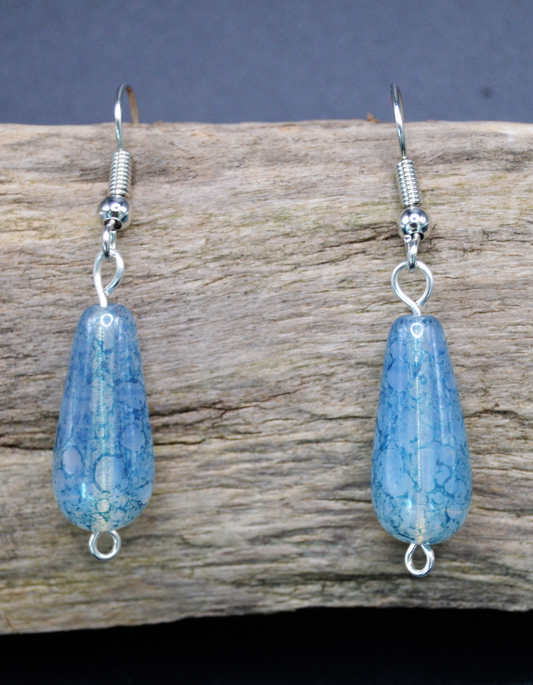 Silver Waves in Sky: Light Blue Czech Glass Earrings