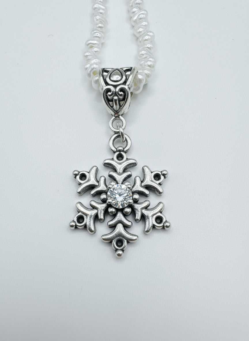 Winter Frost Snowflake Necklace – 21” White Peanut Seed Beads