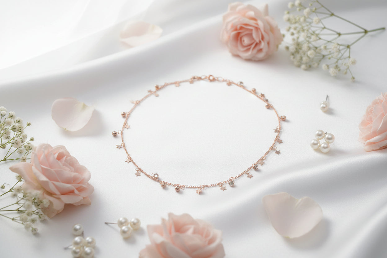 Rose gold necklace with small charms on a gray background