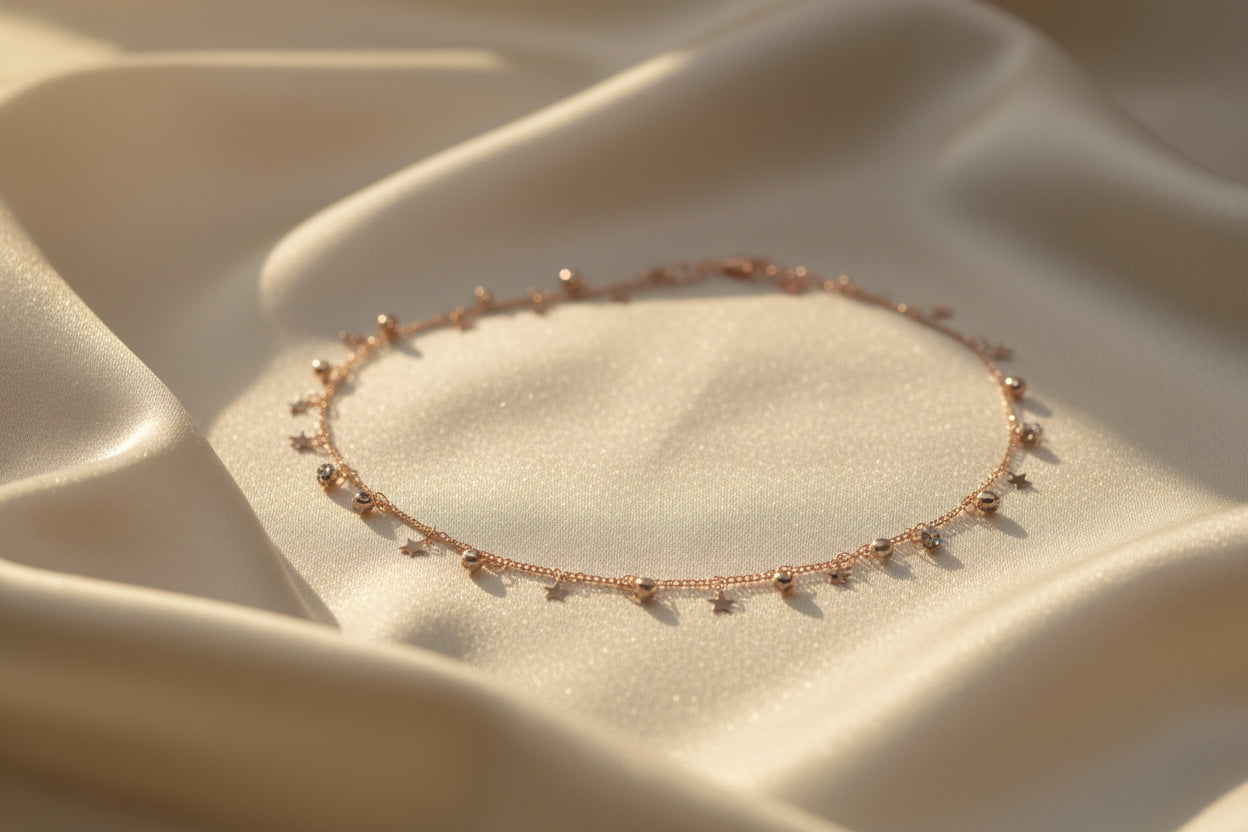 Rose gold necklace with small charms on a gray background