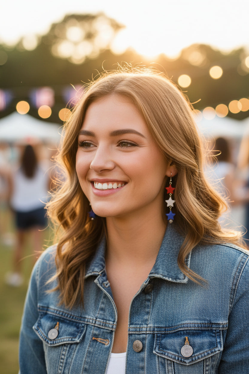 Star-shaped earrings with red, blue, and silver beads on a gray background