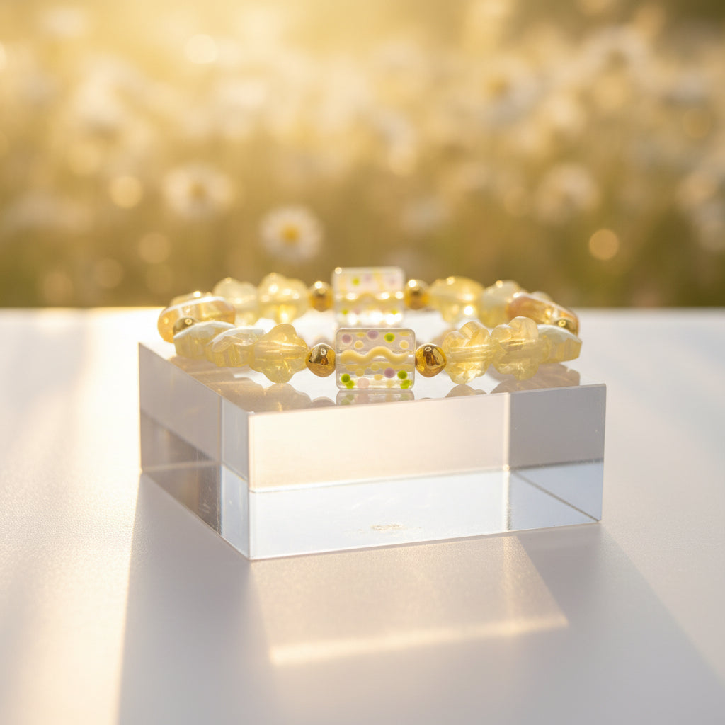 A handmade beaded stretch bracelet featuring pale yellow translucent glass beads, textured flower-shaped beads, round amber-yellow beads, and a central square glass tile with colorful dots, separated by small gold spacer beads, on a neutral light gray background.