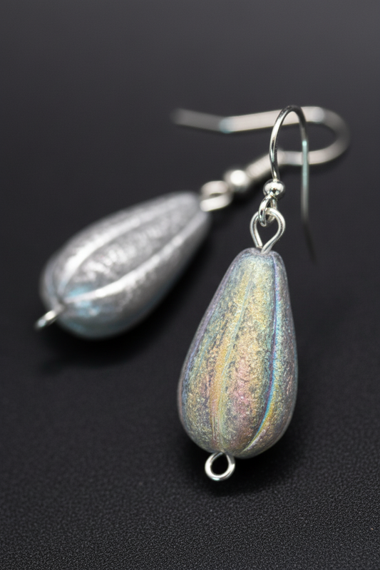 Timeless Elegance: Grey Czech Glass Teardrop Earrings with Vertical Lines and White Marble Touch