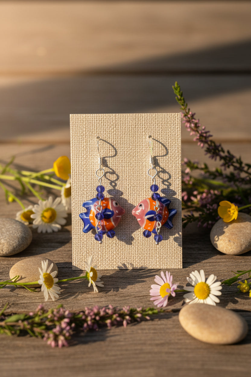 Pair of earrings with colorful fish design on a gray background