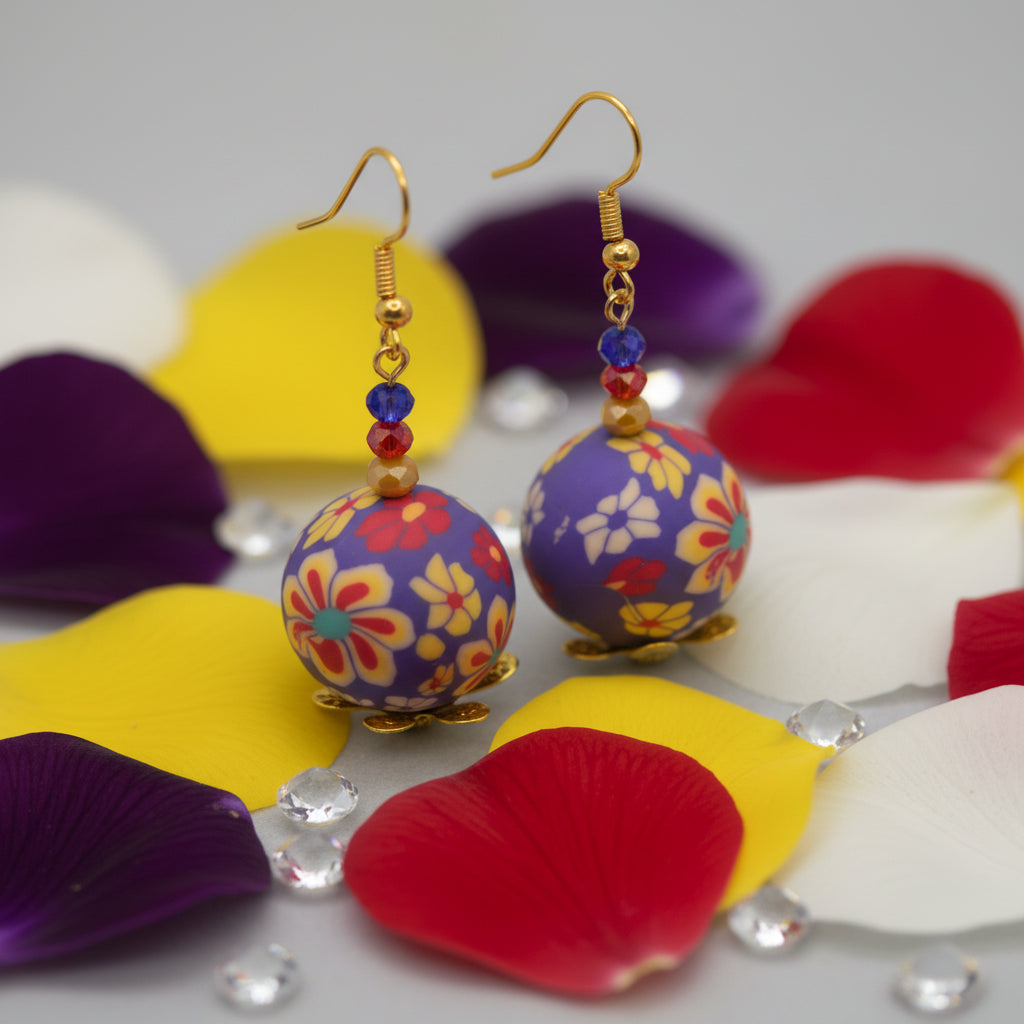 Colorful floral-patterned ball earrings with gold accents on a gray background