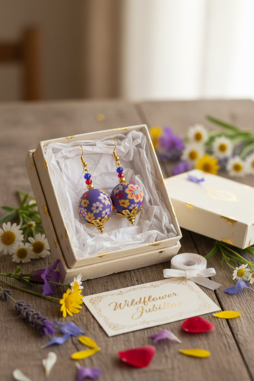 Colorful floral-patterned ball earrings with gold hooks on a gray background