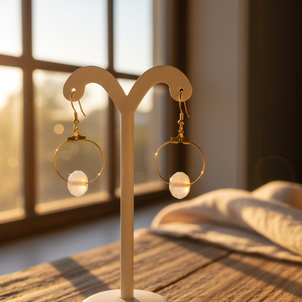 A pair of gold hoop earrings with white oval stone drops, displayed on a clear acrylic stand against a neutral gray background.