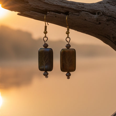 Pair of gold earrings with rectangular beads on a gray background
