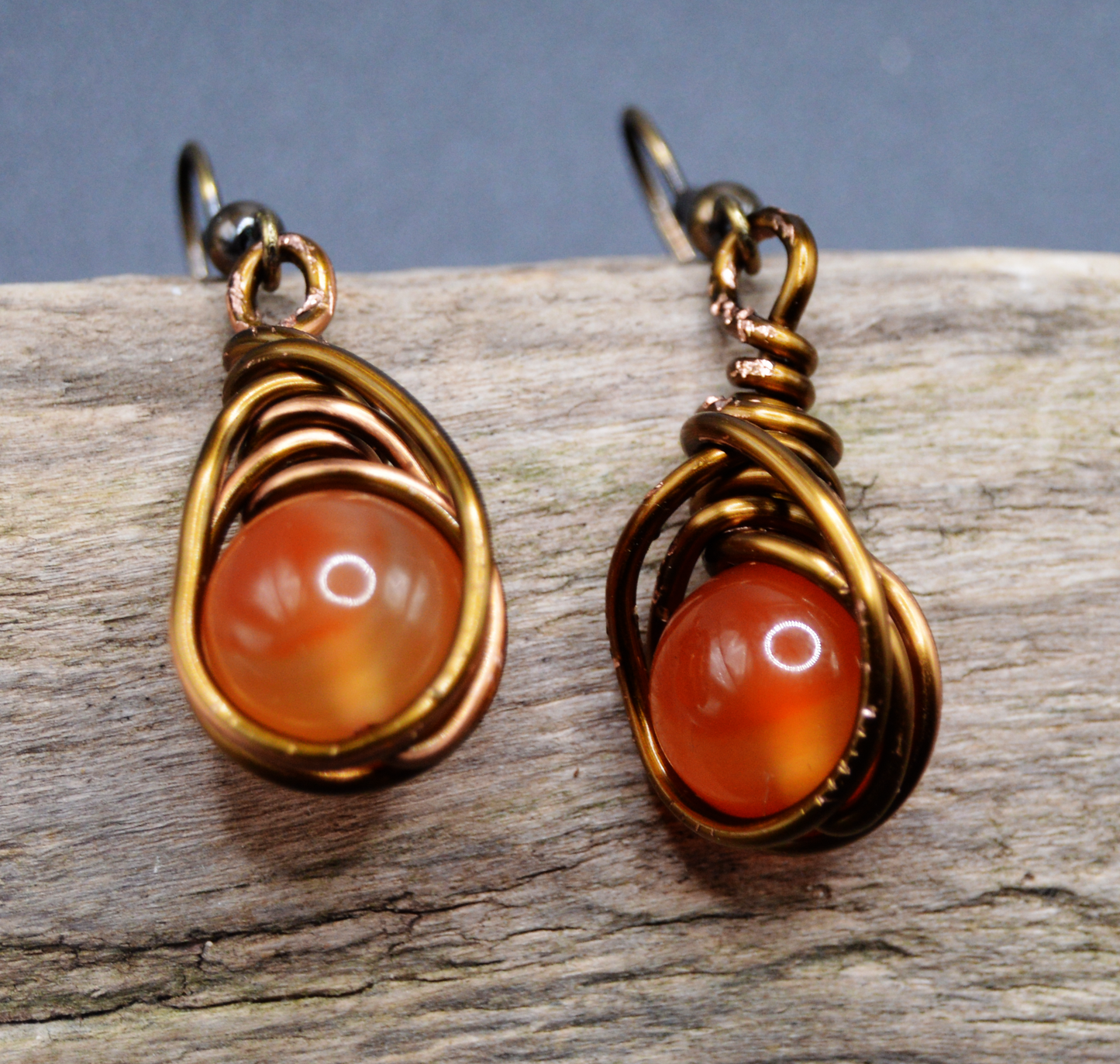 Copper Carnival:  Handmade Carnelian Drop Earrings with Artisan Wire Wrapping