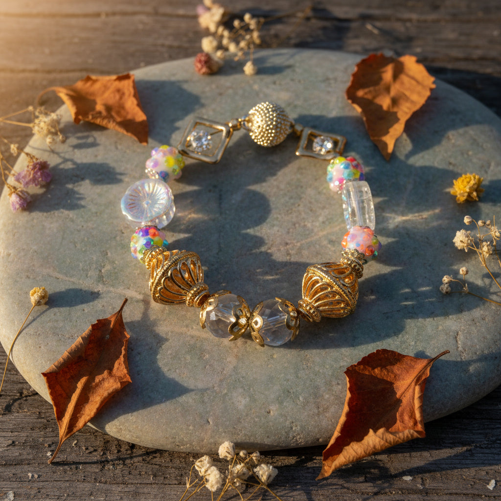 A beaded stretch bracelet featuring gold filigree beads, clear faceted beads, and small iridescent multicolor beads, displayed on a neutral light gray background.