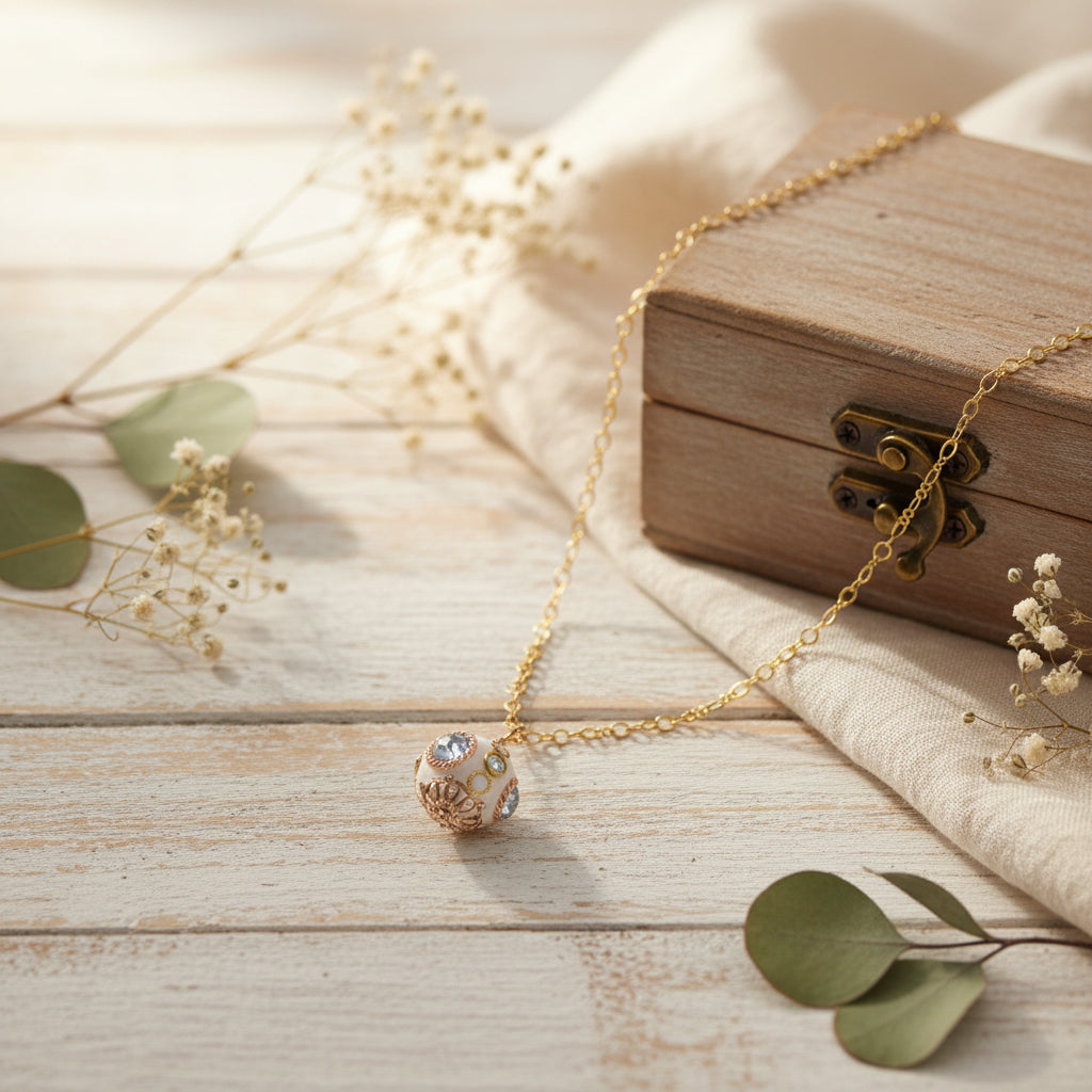 A gold chain necklace with a small, round, textured pendant featuring a central blue gemstone, displayed on a black velvet jewelry bust against a white background.