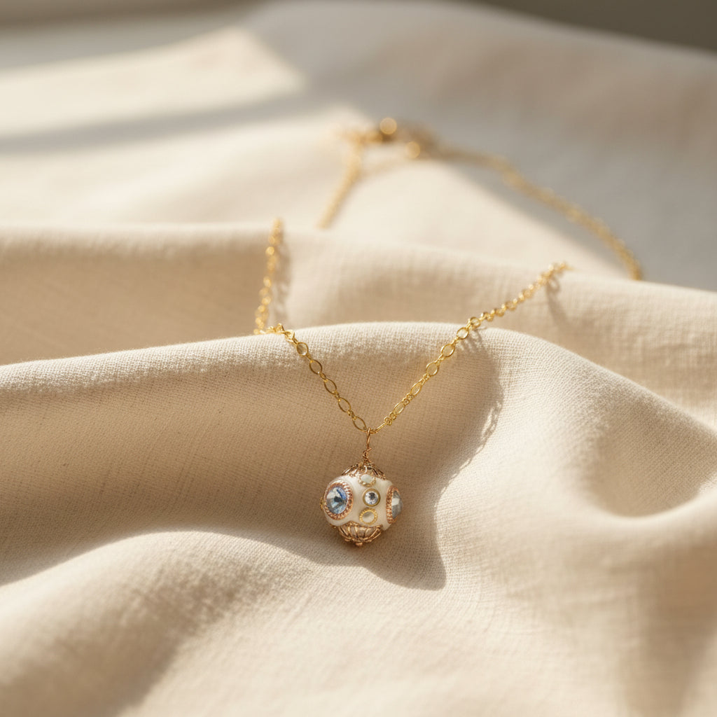 A gold chain necklace with a round skull pendant featuring white enamel and blue eye details, displayed on a black velvet jewelry bust against a white background.
