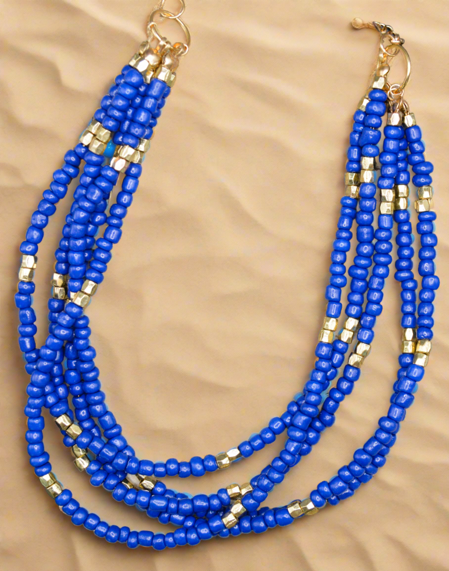 Handcrafted Blue Beaded Necklace with Gold Accents