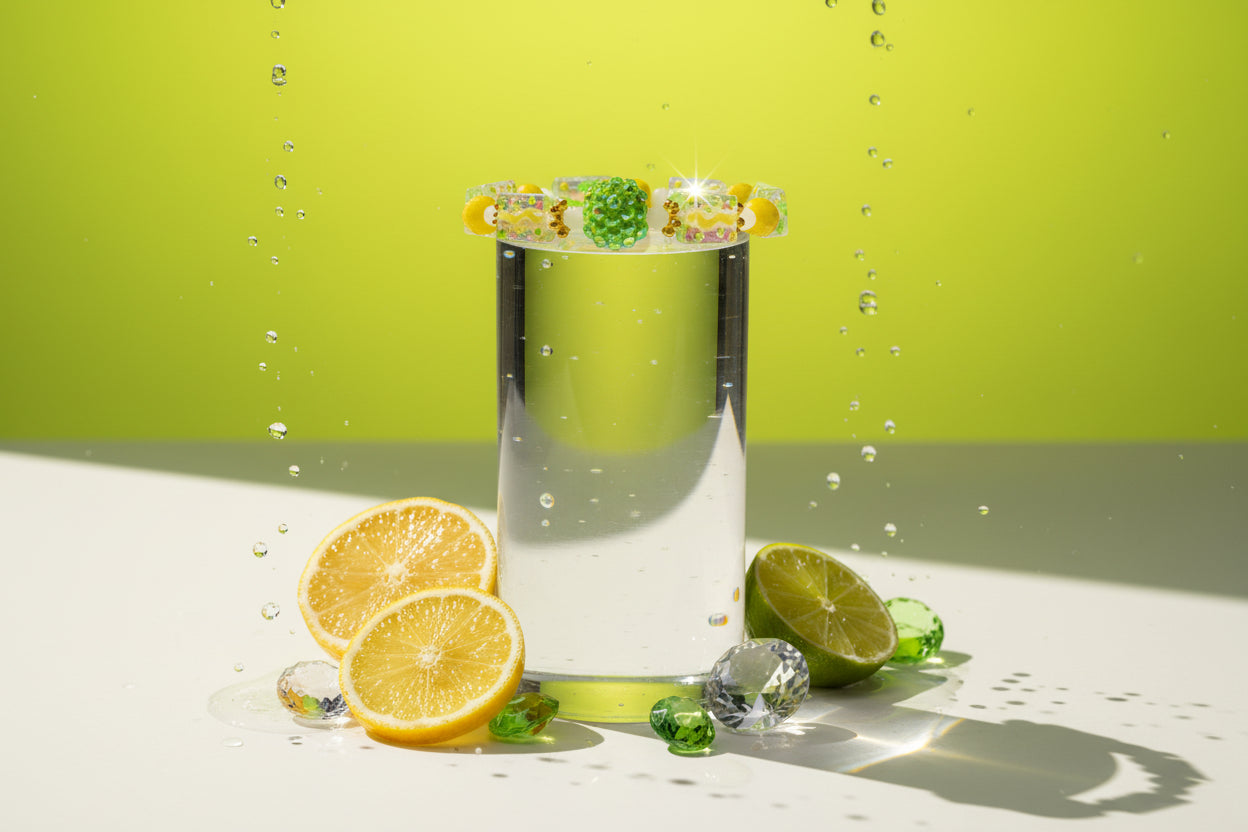 A beaded stretch bracelet featuring lime green and yellow beads, including a central textured green bead and clear patterned rectangular beads with gold glitter accents, displayed on a neutral gray background.