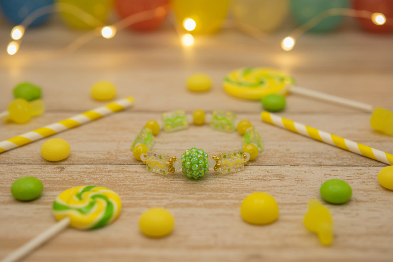 A handmade beaded stretch bracelet featuring light green and yellow glass beads, a textured green beaded center, and gold spacer beads, displayed on a plain light gray background.