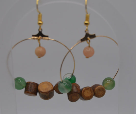 Campfire Hoops/Gold Hoop Earrings/Campfire Earrings/Boho Style Earrings/Brown Branch Wood Beaded Hoop Earrings/Agate Hoop Earring/Aventurine