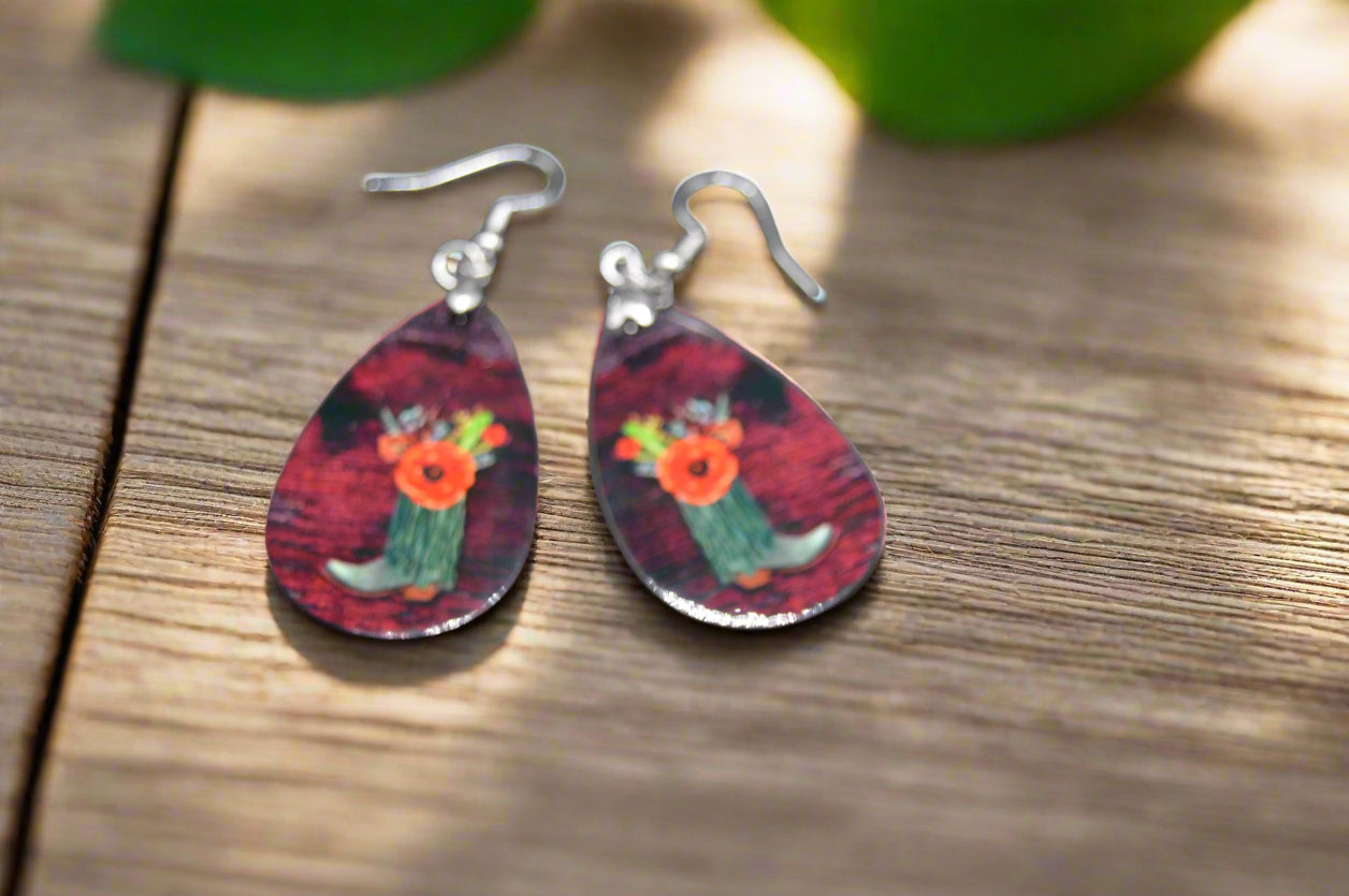 Western-Style Earrings featuring dazzling teal blue boots and a beautiful orange poppy.