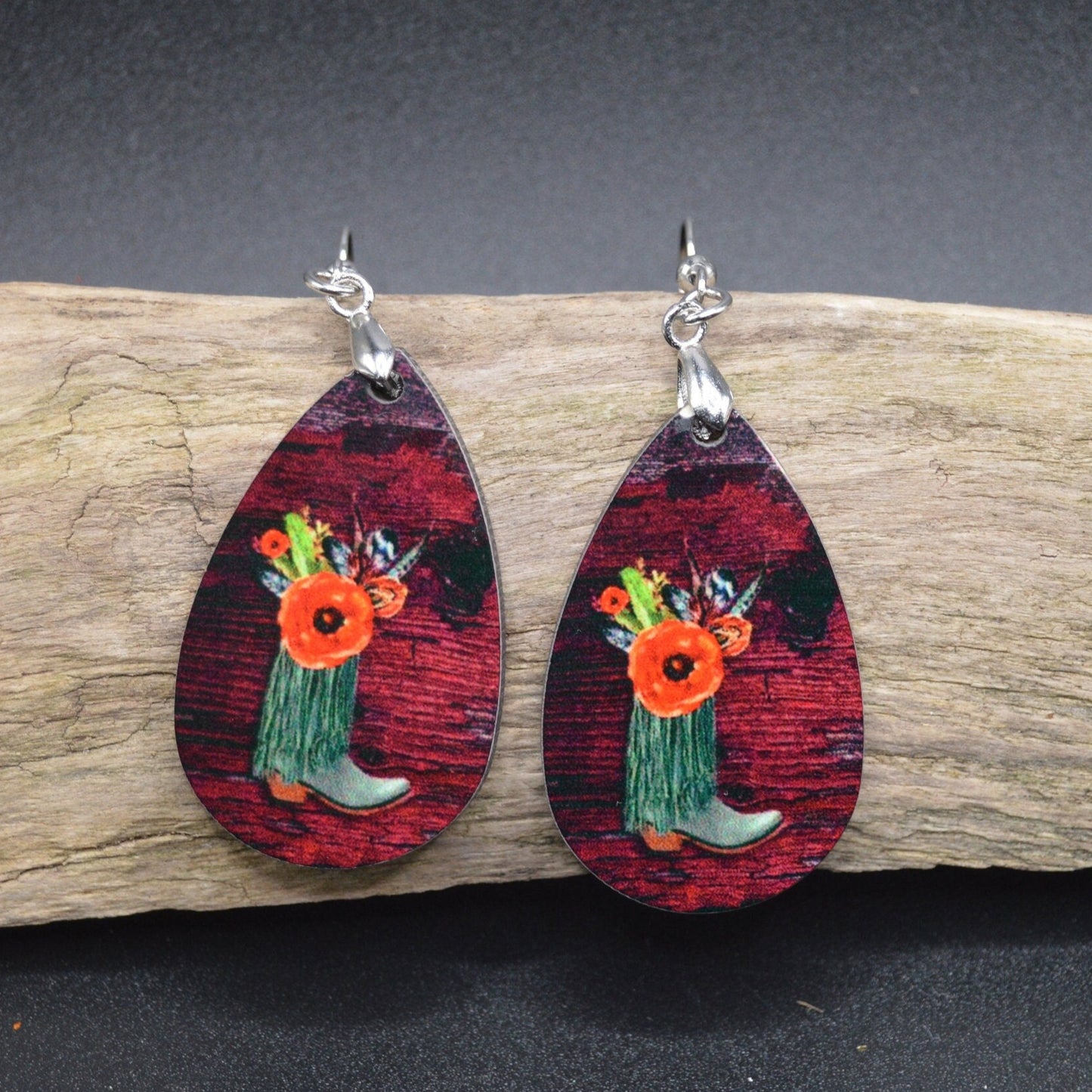 Western-Style Earrings featuring dazzling teal blue boots and a beautiful orange poppy.