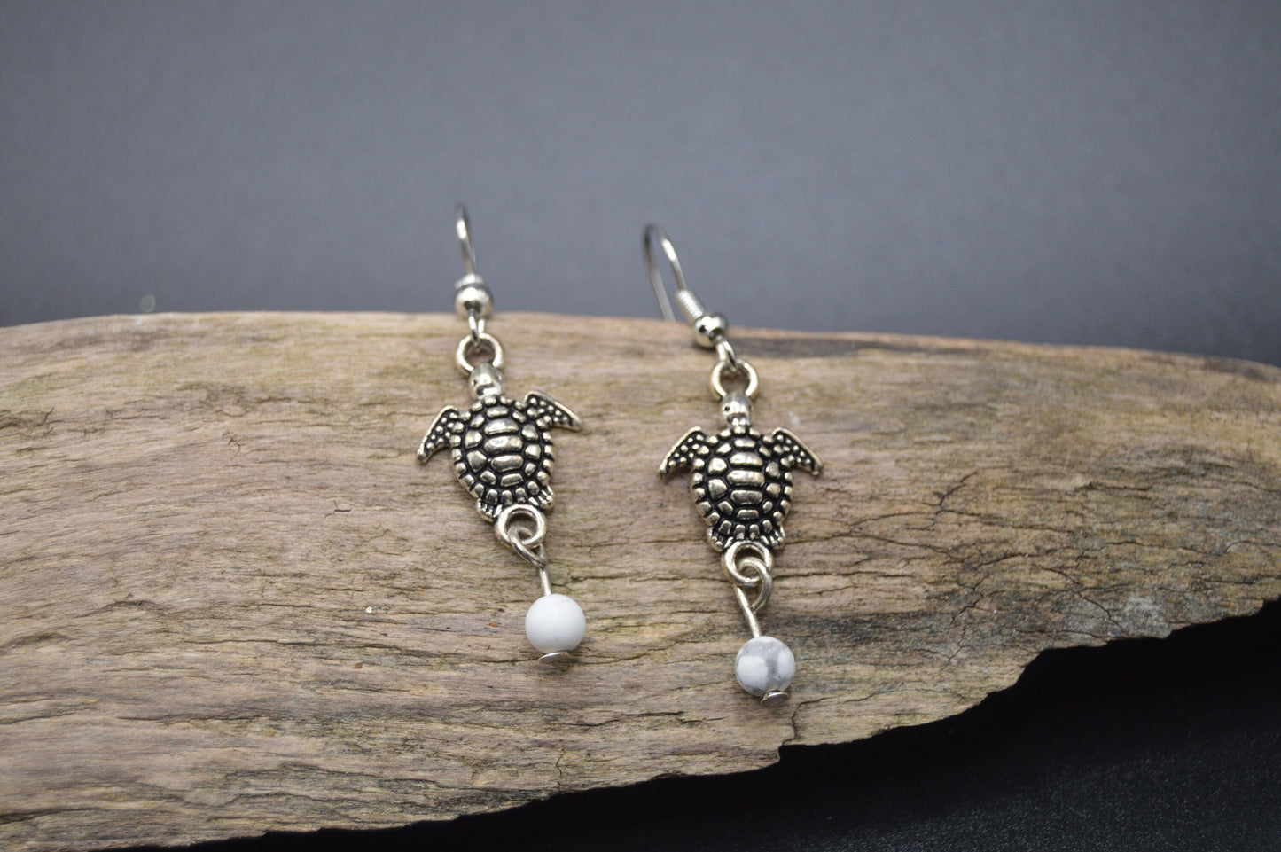 Silver Turtle and Howlite Earrings