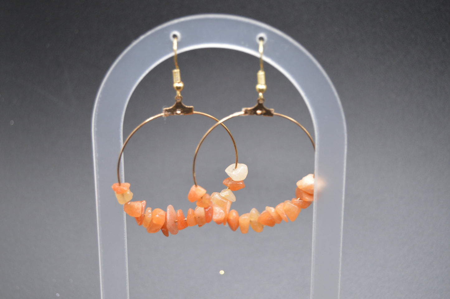 Golden Elegance 1 1/2 Inch Gold Hoop Earrings with Indian Orange Aventurine Nuggets