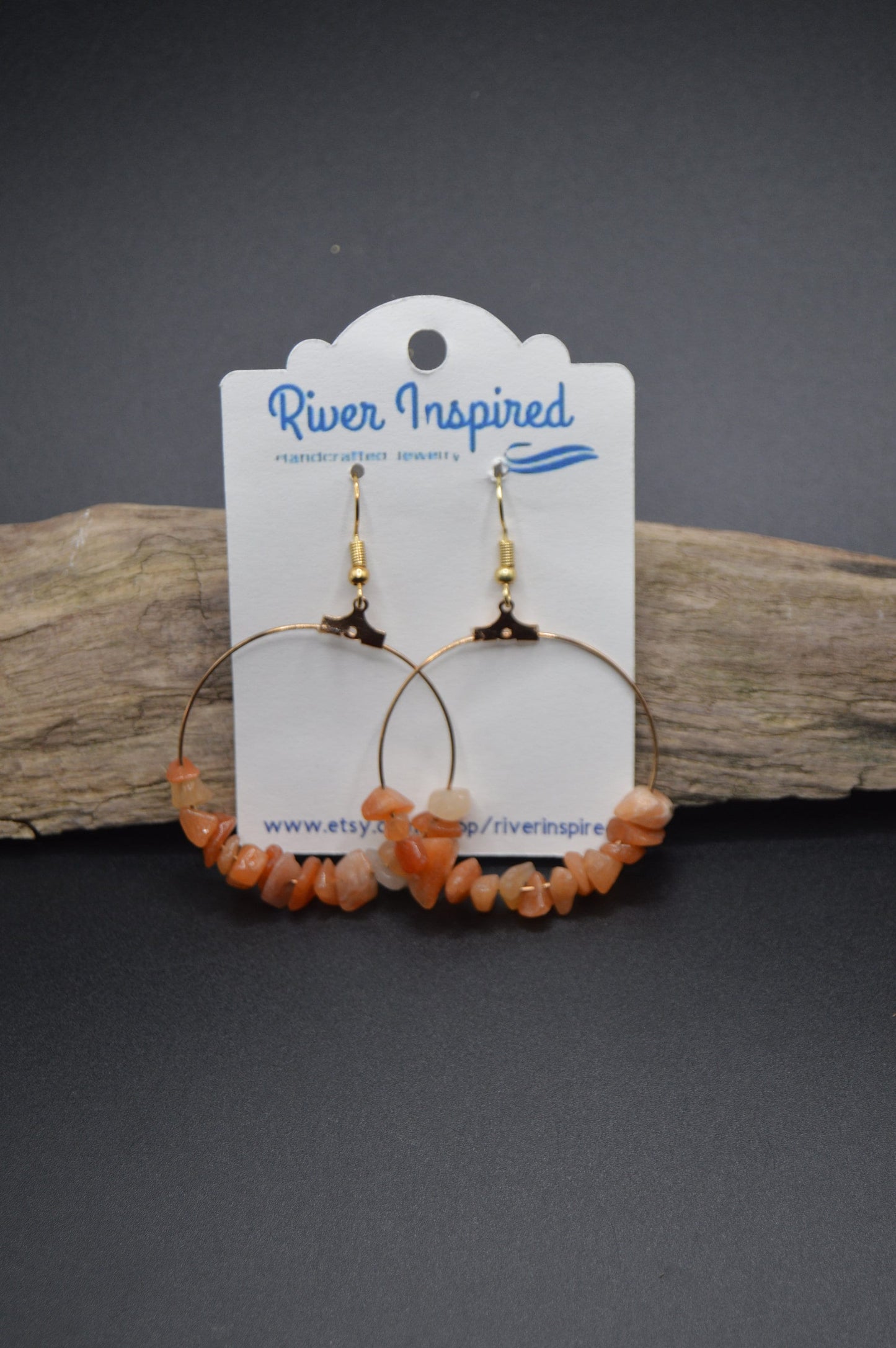 Golden Elegance 1 1/2 Inch Gold Hoop Earrings with Indian Orange Aventurine Nuggets