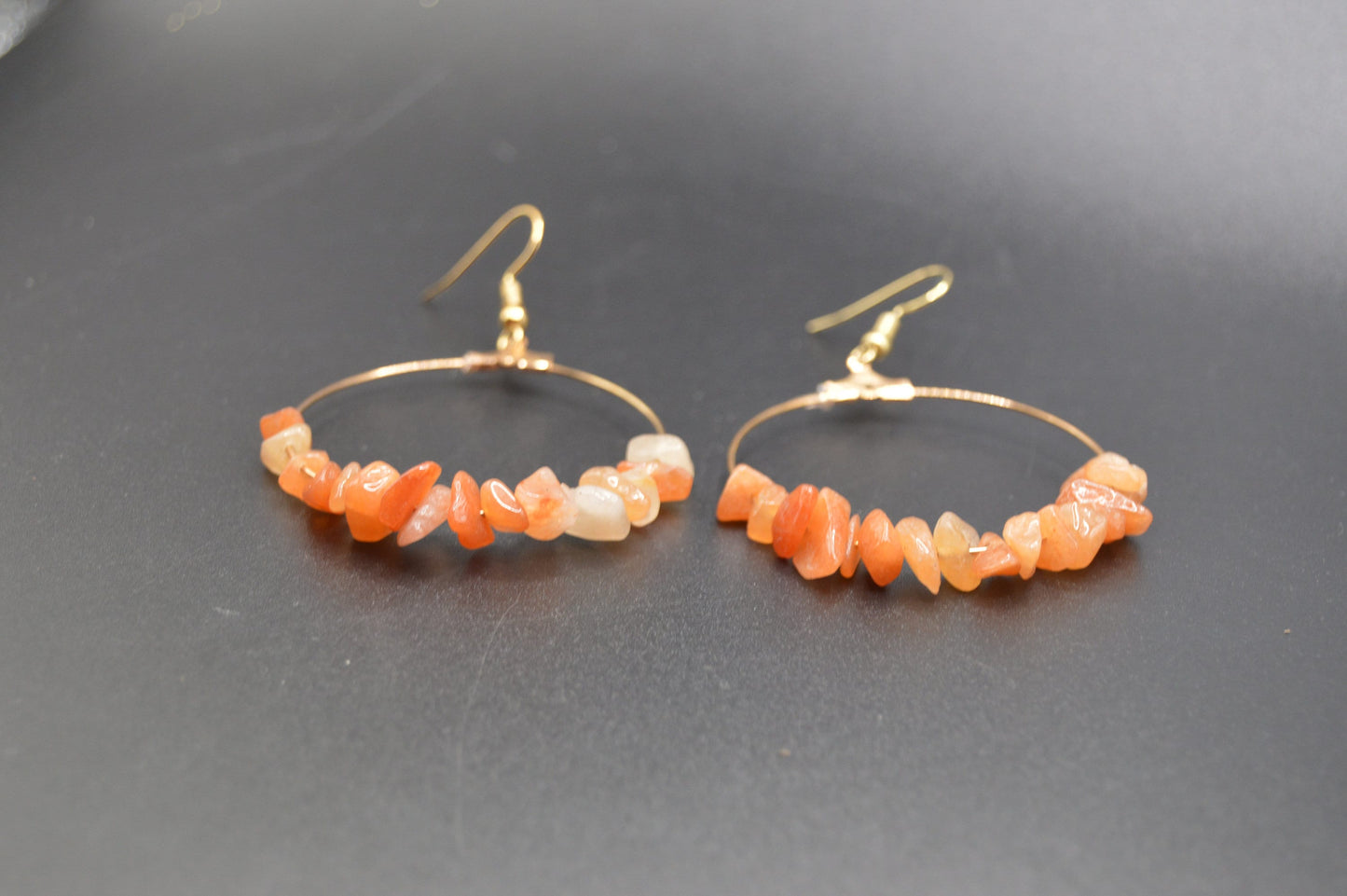 Golden Elegance 1 1/2 Inch Gold Hoop Earrings with Indian Orange Aventurine Nuggets