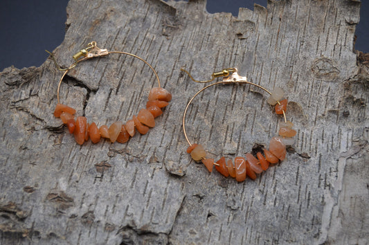 Golden Elegance 1 1/2 Inch Gold Hoop Earrings with Indian Orange Aventurine Nuggets