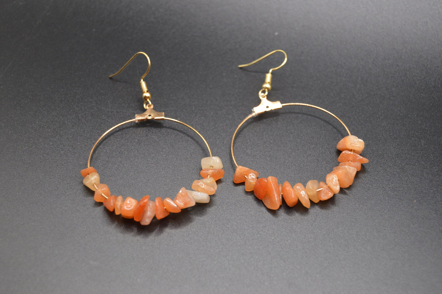 Golden Elegance 1 1/2 Inch Gold Hoop Earrings with Indian Orange Aventurine Nuggets